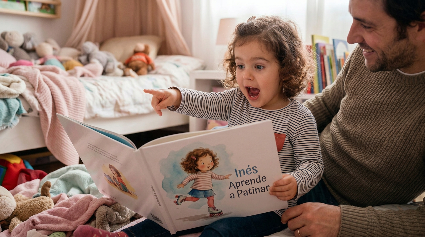 Ines leyendo su cuento personalizado de Nubara